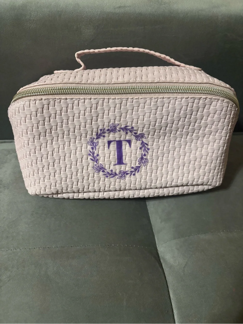 Light Pink Woven Cosmetic Case with Monogram